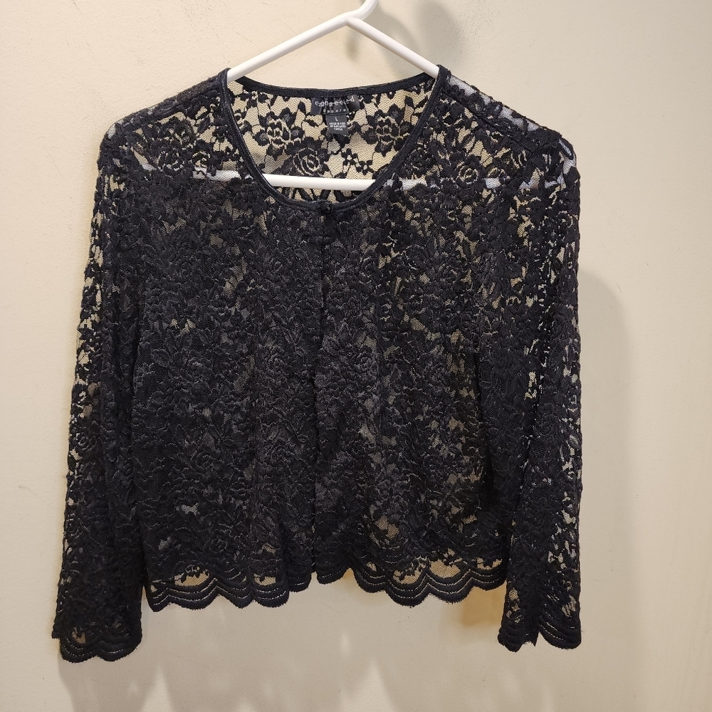 Connected Apparel Black Lace Chemise Cardigan Open Front Size L